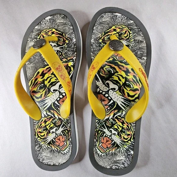 Y2K‎ Ed Hardy Tiger Skull Flip Flop Sandals Yellow Women's Size 5/6 - Picture 13 of 13